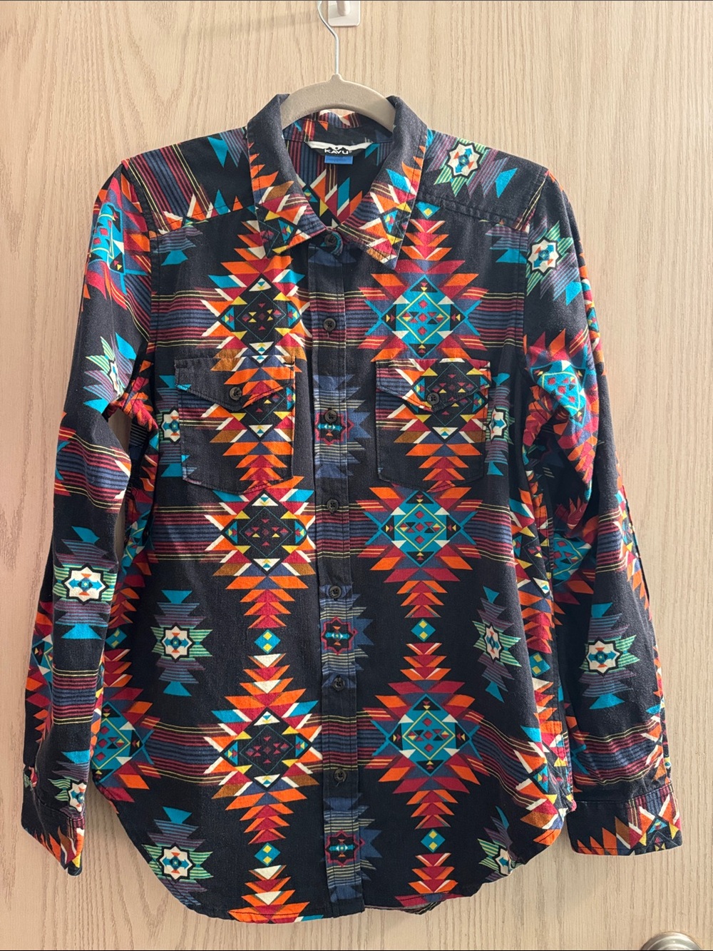 KAVU Southwestern Print Button-Up Shirt in Black, Turquoise & Red